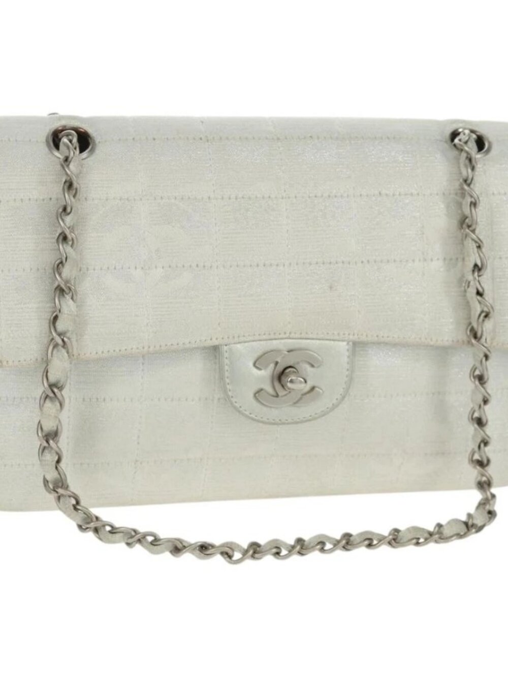 CHANEL New Travel line Choco Bar 25 Chain Bag Nylon Silver CC Auth 165427V